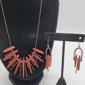 Modernist Coral & Sterling Silver Necklace and Earring Set